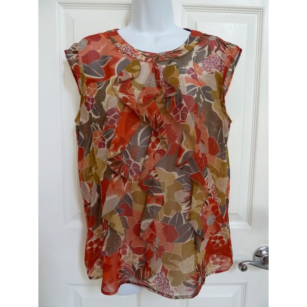 Chloe Madison Women Blouse Size 12 Large Cap Sleeve Sheer Floral Ruffle Career